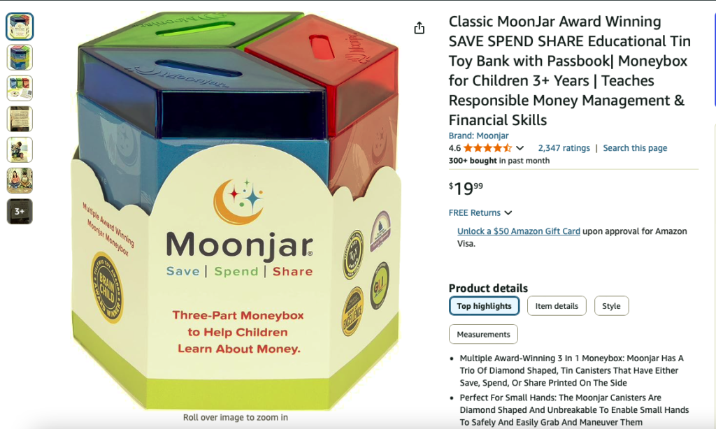 Moonjar- spend, save, give jar for kids learning to save money.