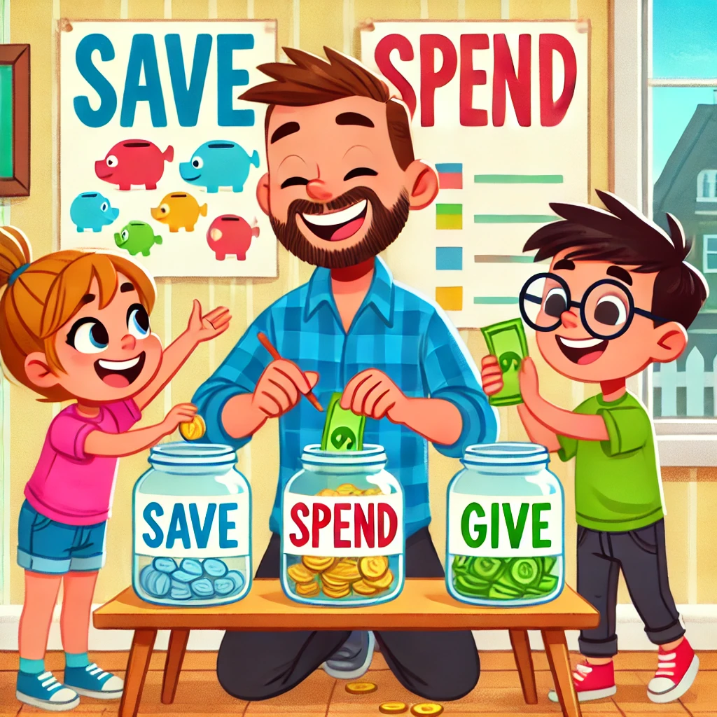 Kids money: Save Spend Give jars to teach kids money management.